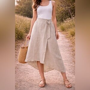 Kenar 100% Linen Asymmetrical Wrap Skirt Beige Size M Midi Boho Chic [000326]